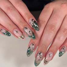 24 Pcs Reusable Press-On Nails - French Almond-Shaped With Gold-Edged Striped Design, Glossy Finish Minimalist Fake Nails Full Cover | Easy Application (No Glue Mess, 1-Minute Setup) Long-Lasting (Up To 7-10 Days Wear) | Perfect For Women & Girls - Ideal For Party, Wedding, Vacation | 2025 Modern French Manicure Must-Have Accessories - màu xanh lá - Xem 7