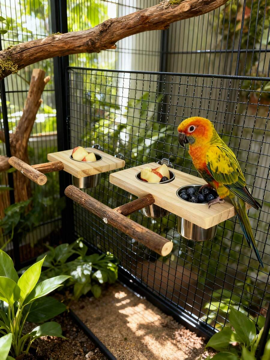 1 Set DIY Assembled Wood Budgie And Cockatiel Bird Feeder With Stand And Single/Double Stainless Steel Feeding Cup Solid Wood Bird Platform Bird Food Box Parrot Feeders Bird Stand Wooden Claw And Beak Sharpener Parrot Toy Bird Cage Accessories Bird Supplies - 彩色 - 查看 1