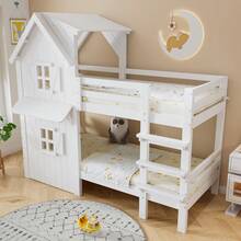 Children's Bunk Bed 90x200 Cm, Design With Windows And Roof, Side Rails And Straight 3-Step Ladder, Stabilized Slatted Base, Pine, MDF And Plywood Frame, White - White - View 4