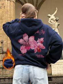 女士印花长袖抽绳连帽卫衣，带口袋，休闲宽松套头衫，时尚冬季服装，适合日常穿着 - 藏藍 - 查看 7