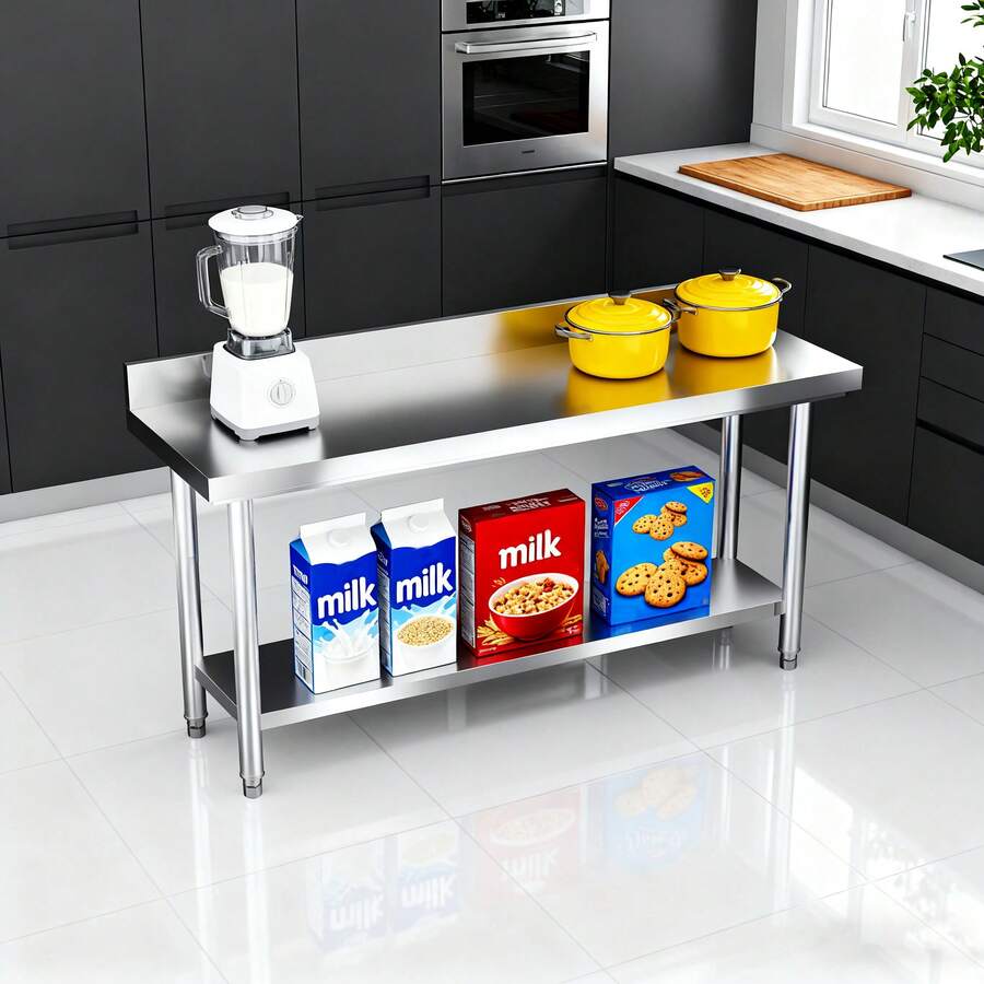 Stainless Steel Work Table With Raised Edge, Stainless Steel Kitchen Table With Adjustable Feet, Kitchen Table/Disassembly Table With Extra-Large Lower Shelf, 150 X 50 X 85 Cm, With Raised Edge - Silver - View 1