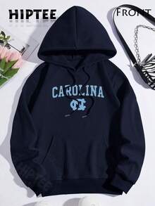 [Cotton Blend Hoodie] Vintage North Carolina Hooded Sweatshirt, Cozy Fall & Winter Style Long Sleeve Top, Retro Sportwear, Casual Logo Shirt-Unisex Women & Men's Daily Wear - 藏蓝色 - 查看 1