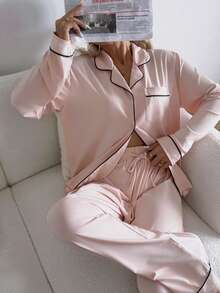 Nina Bonheur 2pcs Women Notched Collar Long Sleeve Pajama Set - Comfortable Casual Sleepwear & Loungewear - Pink - View 5