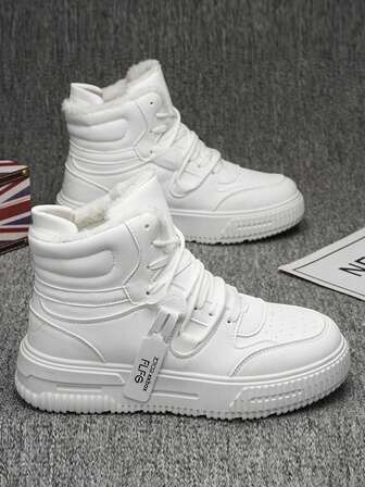 2025新款加厚鞋底增高高帮白色运动鞋，男女通用休闲系带圆头经典鞋，透气防臭防滑耐穿，适合小学生，篮球运动鞋