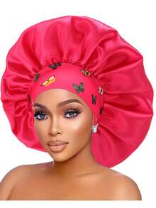 قبعة حرير للنوم للنساء ذات حافة واسعة وحزام مطاطي مطبوع، قبعة نوم من الحرير الناعم للشعر المجعد (نمط طباعة عشوائي)