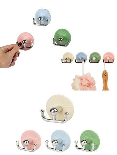 1/4pcs Strong Suction Cup Double Hooks, 4 Decorative Adhesive Wall Hooks, Sunflower Base, Suitable For Bathrooms, Shower Rooms, And Kitchens, Stainless Steel Towel Hooks, No Drilling Required, Soft Colors (Blue/Green/Pink/Beige) (Please Watch The Video For Usage Instructions)