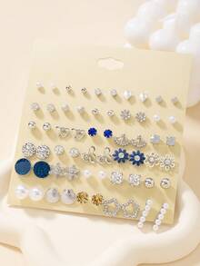30对/套 雪花、星星、花朵、水钻、蝴蝶结、贝壳耳钉，金属仿珍珠，简约可爱设计，适合日常休闲佩戴，珠宝礼盒套装 - 彩色 - 查看 5