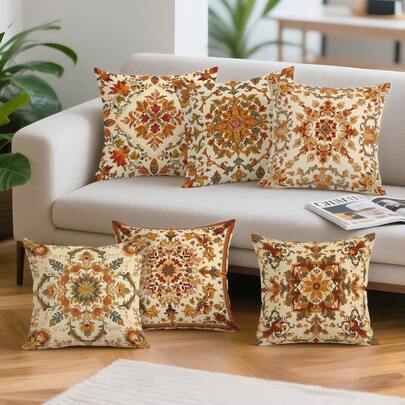 2pcs/4pcs/6pcs Peach Velvet Pillow Covers, Vintage Floral & Geometric Pattern Single-Sided Printed Decorative Pillow Covers, Suitable For Living Room Sofa Bedroom, Without Pillow Insert, All Season