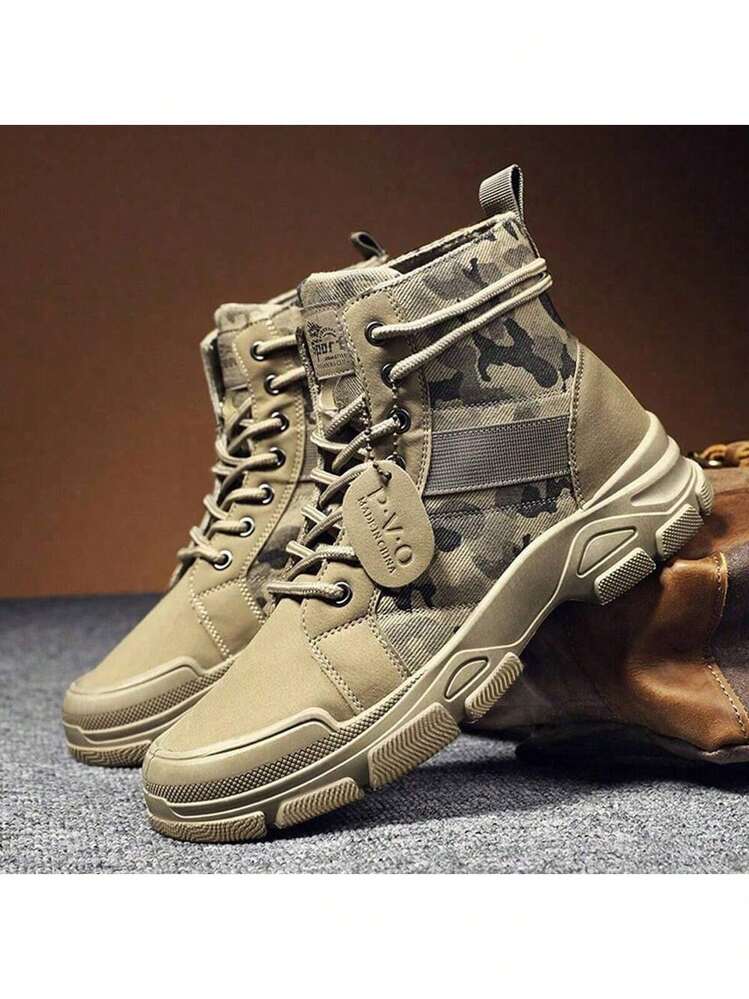 メンズブーツ、ハイトップ、英国風ワークブーツ、アメリカンレトロデザートモーターサイクルアウトドア身長アップ軍用ブーツ、秋冬 - カーキ - 見る 4