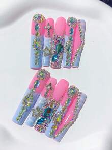 10pcs Y2K Cute Extra Long Coffin Shape Pink Luxury French Handmade Press On Nails, With 3D Relief Pattern, Pink Bow, High-Quality Diamond Decoration; Nail Supplies, Acrylic Nails, Homemade Nails, DIY, Nail Art, Acrylic False Nails; Suitable For Vacation, Birthday, Parties, Daily Wear; Includes 1pc Jelly Glue & 1pc Mini File - Multicolor - View 2