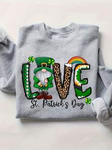 Winter Clothes For Women Plus Size St. Patrick's Day Cartoon Print Sweatshirt, Casual Crew Neck, Polyester Knit Zipper Shirt, Slightly Elastic, Suitable For Autumn And Winter Seasons Loose And Comfortable Sweaters For Women New Year Outfit Women - 灰色的 - 查看 6