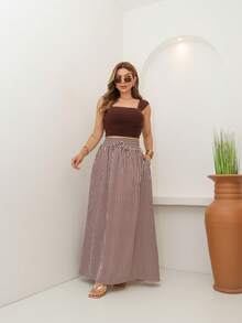 AMY FASHION STRIPED LENGTH SKIRT WITH SLIT AND BAG, THICK WAIST, 2025 FASHION - Coffee Brown - View 3