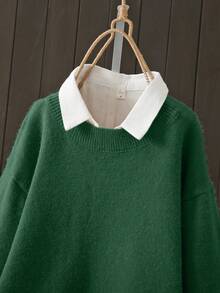 Plus Size Women's Casual Everyday Commute Simple Solid Color Round Neck Dropped Shoulder Loose Sweater (Excluding Shirt) Spring - North Deep Green - View 3