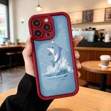 Cubierta de telefono con borde negro azul claro con delfin saltando en olas diseño animado para uso diario en cafeterias y espacios casuales Aplicable a los teléfonos de la serie Apple y Galaxy - Blanco - Ver 5