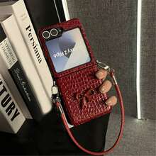 Luxury Burgundy Crocodile Texture 3D Bow Phone Case With Portable Lanyard, Compatible With Samsung Galaxy Z Flip 5/6/Z Flip 6/ZFlip 7, Shockproof Back Cover - 酒紅色 - 查看 3