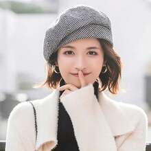 2024 Simple Women Wool Beret For Elegant Lady Winter Female Cotton Hats Plaid Vintage Octagonal Casual Autumn Cap - Cà phê - Xem 7