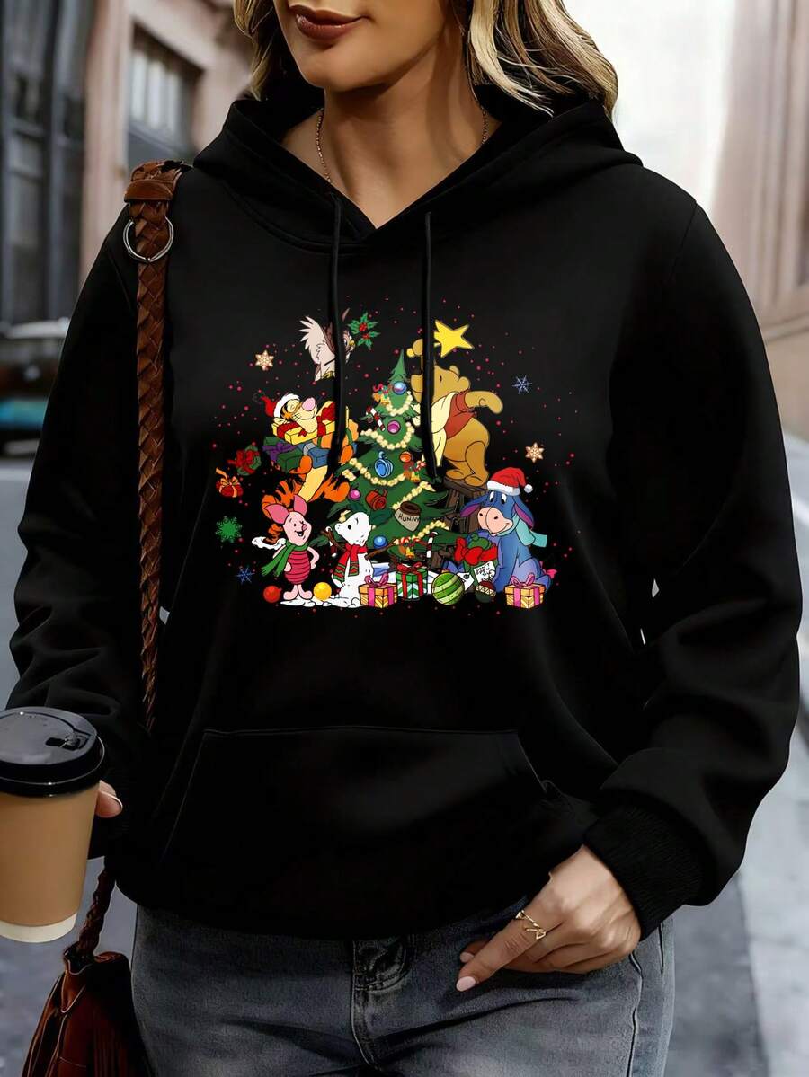 Disney Women Hoodie White Mickey Mouse Christmas Tree Cartoon Print Casual Winter Outwear - Black - View 1