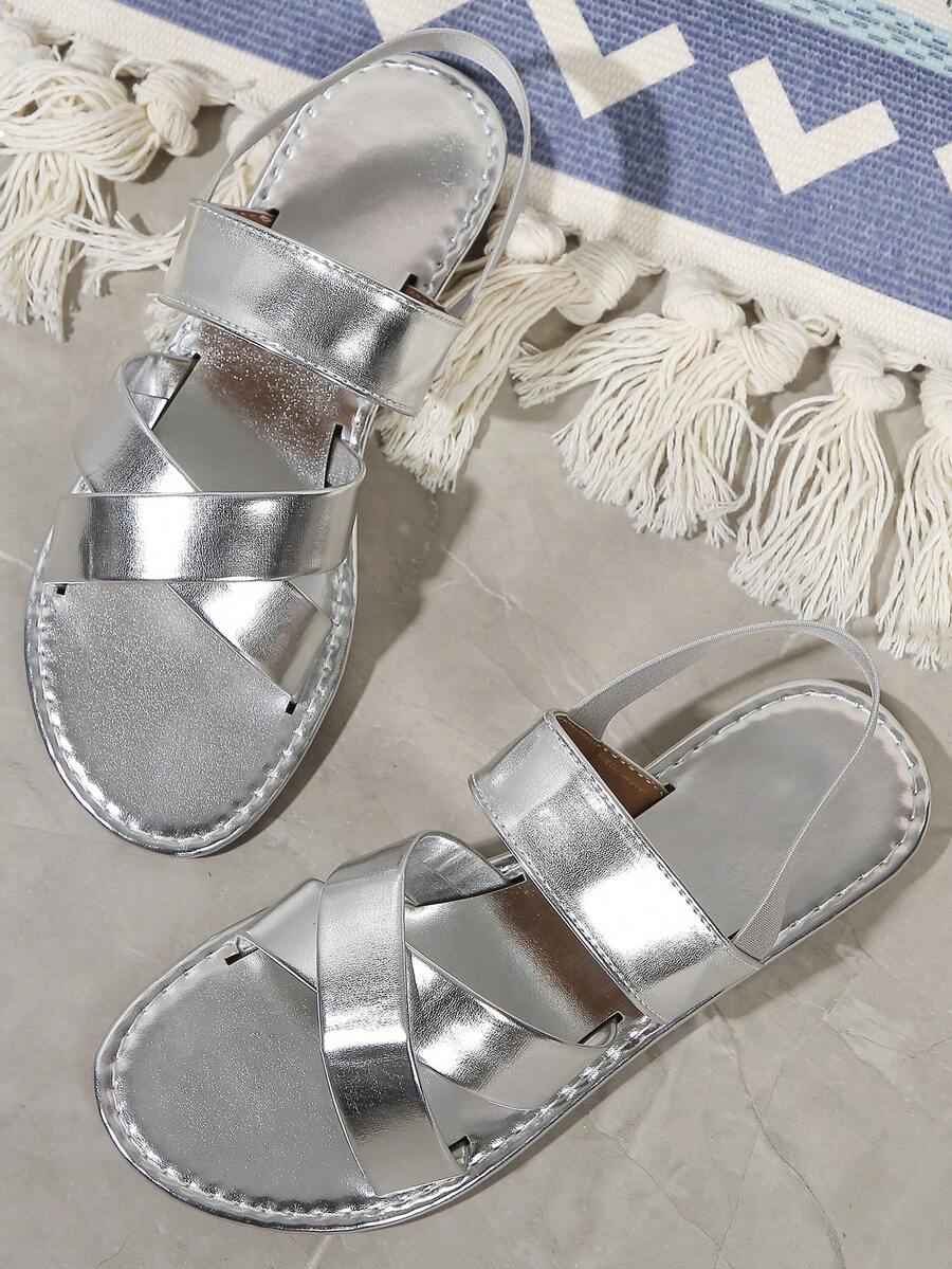 Women's Solid Color Flat Sandals, Casual Elastic Band Summer Shoes, Slip-On Beach Shoes - Silver - View 1