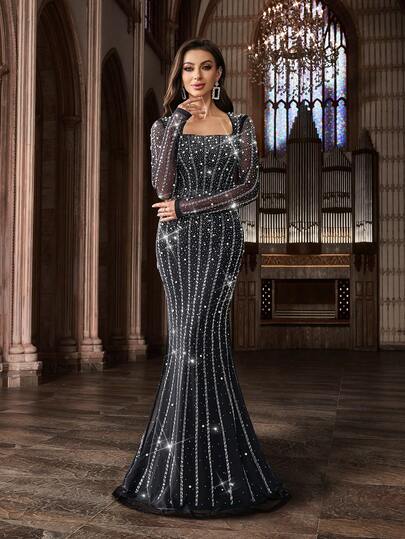 QOQ Women's Elegant Beaded & Rhinestone Embellished Formal Gown, Luxury Sparkling Crystal Dress, Suitable For Red Carpet, Gala, Formal Dinner, Charity Ball, Concert, Cocktail Party, Black Long Sleeve Square Neck Dress