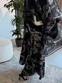 Hafizah 2pcs Floral Print Chain Decor Abaya Set, Middle Eastern Dubai Cardigan With Headscarf Spring Black - Black - View 4