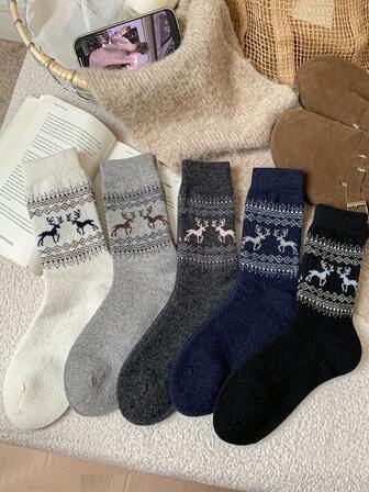 1/3 Pairs Women Wool Socks, Thick Warm Cute Deer Christmas Socks, Fashion Minimalist Mid-Calf Socks For Daily & Home Wear, Autumn/Winter