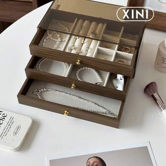 1pc Large Capacity Jewelry Storage Box, 3-Layer Organizer, High-End Faux Walnut Wood Grain, Earring Necklace Accessory Storage Box, Luxury Jewelry Tray, Multi-Purpose Home Decor Tray, Elegant Design, Durable And Versatile, Can Hold Keys, Rings, Earrings, Bracelets, Watches And Accessories