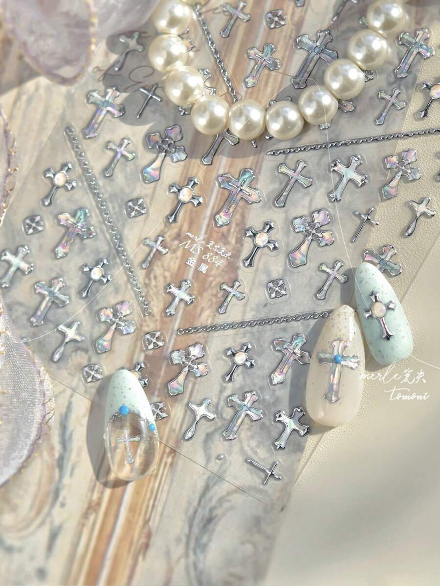 1片5D金属美甲贴纸，中国风美甲贴纸，复古十字架自粘美甲贴纸，DIY美甲装饰贴纸配件，美甲用品，美甲贴纸 - 銀色 - 查看 1