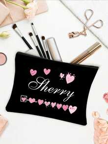 Bolsa de maquillaje lavable con patrón de corazón e impresión de nombre personalizada, bolsa de aseo portátil con diseño de corazón lindo, bolsa de maquillaje conveniente para mujeres, organizador de viaje con cremallera para cosméticos - Multicolor - Ver 2