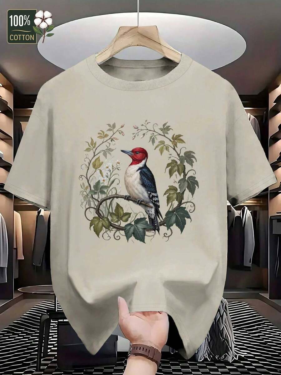 Camiseta de Manga Corta GILDAN para Hombre 100% Algodón con Estampado de Pájaro Carpintero Rojo y Ramas Florales - Transpirable, Ajuste Regular, Lavable a Máquina, Ideal para Verano