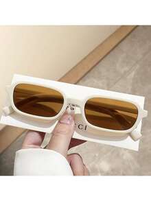 1 Pair Of Retro Rectangular Lightweight Women's Fashion Glasses, Black PC Frame And Lenses, Fashionable Streetwear Accessories For Daily Fashion, Glasses Accessories - 米色框茶色鏡片 - 查看 4