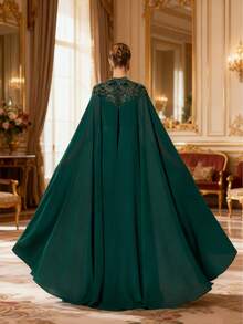 DELLA COUTURE Green Extra Long Cloak Sleeve Slim Chiffon Evening Gowns Unique Beaded Sequins Decoration Design Floor Length Dresses For Dinner Prom Party Formal Occasion Dresses Cocktail Party Long Dress - Green - View 5