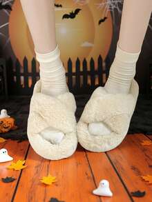 2 piezas Pantuflas suaves y esponjosas para mujer, pantuflas cómodas con diseño cruzado para usar dentro y fuera de casa, adecuadas para Halloween, invierno - Blanco - Ver 6
