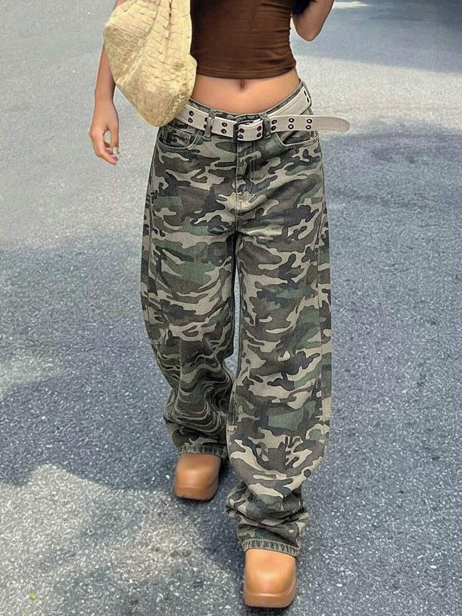 Women's Y2K Casual Loose Fit Camo Bucket Denim Jeans - Khaki - View 1