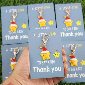6 delar/set intressant julstjärnenyckelringsset med tvåspråkigt inspirerande kort "Du är en stjärna", julklapp till familj och vänner, lyckobringare, lärardagspresent i storformat