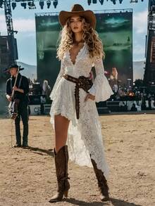 2025 Women's New Retro Western Style Music Festival Lace Irregular Lace Skirt - Pearl White - 查看 3