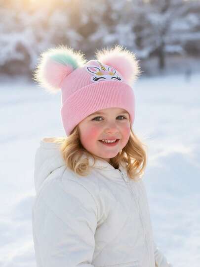 1 件女童幼儿双绒球独角兽冬帽，刺绣独角兽装饰双绒球保暖针织帽，儿童柔软针织冬季无檐帽