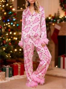 Women Y2k Silk Satin Christmas Pajamas Sets Xmas Tree/Santa Claus Print Plush Trim Long Sleeve Sleepwear Holiday Print Two Piece Pjs Pants PJs Set Loungewear - 淺粉色 - 查看 1