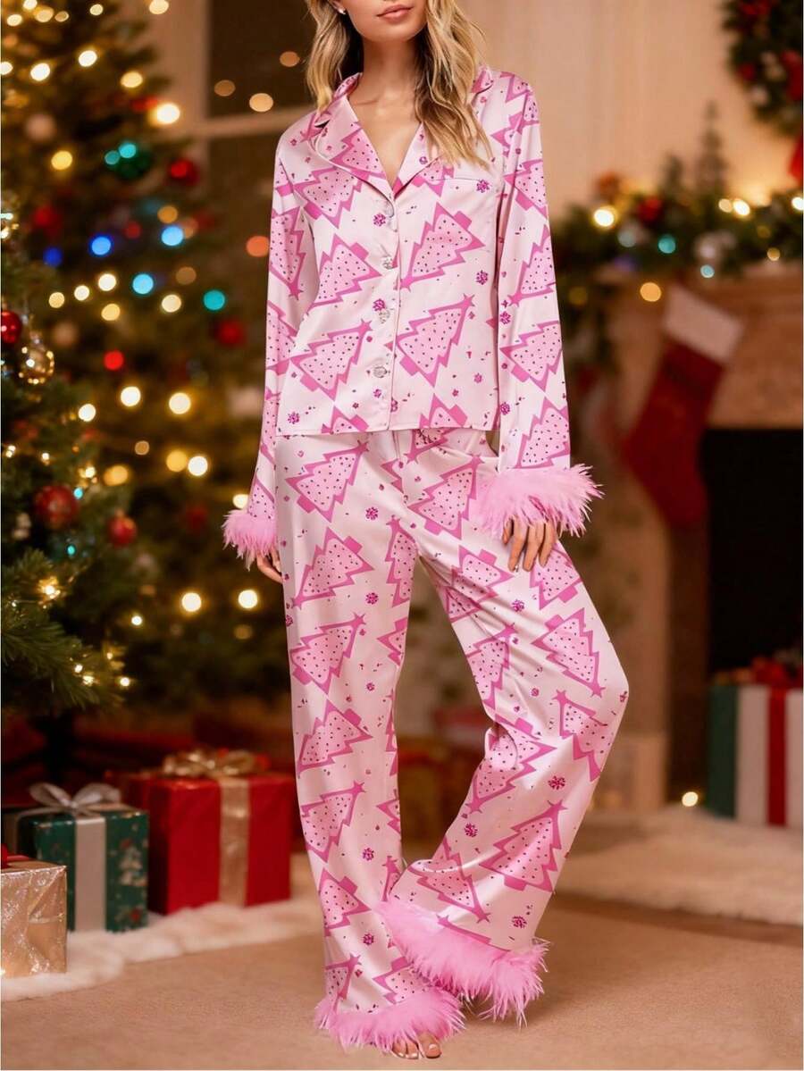 Women Y2k Silk Satin Christmas Pajamas Sets Xmas Tree/Santa Claus Print Plush Trim Long Sleeve Sleepwear Holiday Print Two Piece Pjs Pants PJs Set Loungewear - 淺粉色 - 查看 1