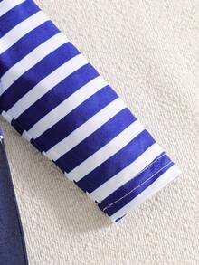 1pc Infant Boys' Lion Print Navy Blue Striped Cute Elegant Minimalist Long Sleeve Footed Jumpsuit, All Season - Navy Blue - View 4