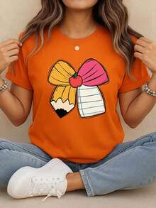 Camiseta de manga corta con estampado LAPIZ, de cuello redondo, playeras para mujer, blusas gráficas para mujer - Naranja - Ver 1