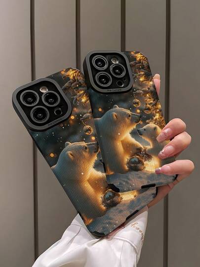 1pc Fashionable Personalized Winter Polar Bear Mother & Baby Vertical Stripe Faux Leather Protective Soft Phone Case, Suitable As Birthday, Holiday Gift For Friends, Family, Couples, Fits And Galaxy 17/16 PLUS/16 PRO/16 PRO MAX