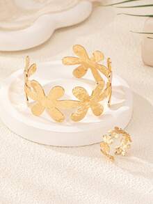 2pcs Fashionable Leaf Design Bracelet & Ring Set, Suitable For Women Street & Party Wear - Yellow Gold - View 5