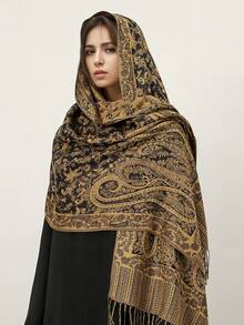 1件波西米亚风优雅佩斯利提花保暖羊绒围巾/披肩，女士休闲流苏头巾，适合秋冬季日常佩戴 - 深棕色 - 查看 3