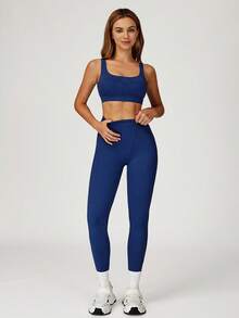 MASKERT Conjunto deportivo para mujer: Sujetador deportivo de cuello cuadrado + Pantalones de yoga de cintura alta y ajuste ceñido, de piel amigable y que realza la figura, conjunto de 2 piezas para fitness, entrenamiento, correr y actividades al aire libre - Azul Marino - Ver 3