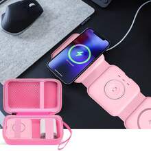 ALKOO 3合1無線充電器可折疊充電站收納包 EVA儲物袋附網袋，可收納線材與適配器，便攜旅行收納盒，僅黑色 - 粉色 - 查看 6
