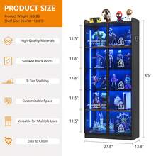Display Cabinet With Adjustable Shelves, 65" Tall Bookcase With LED Lights/Human Sensor, 5 Tier Display Case For Collectibles Bedroom Living Room Office, Black - Transparent Acrylic Doors - Xem 2
