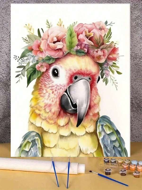 DIY Paint-By-Numbers Kit - Cute Parrot & Floral Design, Frameless Acrylic Canvas Painting Set, 15.7x19.7 Inches - Perfect For Home Decor & Gifts
