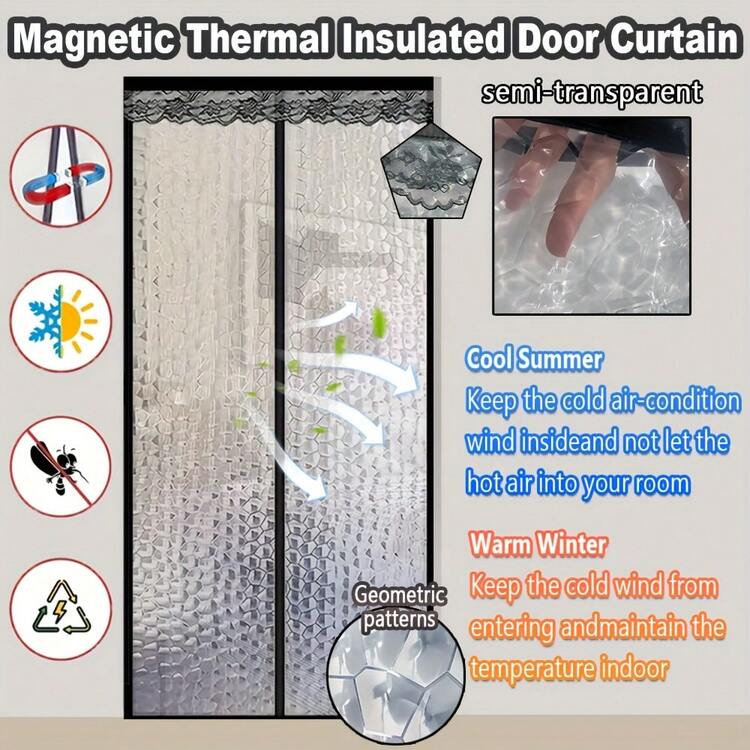 AIYYIPA 1件装磁性门帘，宠物友好，安装简便，EVA材质，半透明白色条形设计。几何图案，降噪细节，隔热保温，适合家庭使用，四季皆宜，尤其适合有宠物的家庭。 - 彩色 - 查看 3