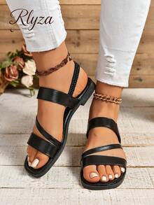 2 种穿法半透明绑带夏季休闲时尚百搭女士皮革平底凉鞋 - 黑色 - 查看 6