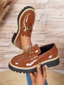女士乐福鞋，复古学院风小皮鞋，棕色蝴蝶结装饰，套脚鞋，厚底鞋，女鞋，女士工作鞋 - 棕色 - 查看 1